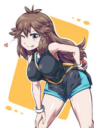 Rule 34 | 1girl, antenna hair, arm behind back, armpit peek, bag, bare arms, bare shoulders, between breasts, black dress, blue shorts, blush, breasts, brown eyes, brown hair, closed mouth, creatures (company), dress, game freak, green (pokemon), hair flaps, hand on own hip, hand on own knee, hand on own leg, heart, highres, holding, holding poke ball, large breasts, leaning forward, light blush, long hair, looking at viewer, nintendo, one eye closed, orange background, outline, poke ball, poke ball (basic), pokemon, pokemon lgpe, shimure (460), shiny skin, shirt, shorts, shoulder bag, side slit, sidelocks, sleeveless, sleeveless shirt, smile, solo, standing, strap between breasts, tongue, tongue out, white background, white outline, white wristband, wristband