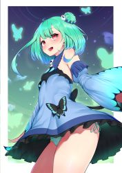 Rule 34 | 1girl, absurdres, ajishio (loli king), blue dress, blue hair, blue sleeves, blush, breasts, bug, butterfly, check commentary, commentary request, cowboy shot, detached sleeves, double bun, dress, earrings, frilled straps, from below, gradient hair, green hair, hair bun, hair ornament, hair ribbon, highres, hololive, insect, jewelry, medium hair, multicolored hair, open mouth, panties, pantyshot, red eyes, ribbon, short dress, skull earrings, skull hair ornament, small breasts, solo, string panties, underwear, uruha rushia, uruha rushia (1st costume), virtual youtuber