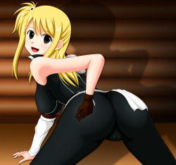 Rule 34 | 1girl, ass, blonde hair, fairy tail, gloves, lucy ashley, open mouth, smile, solo
