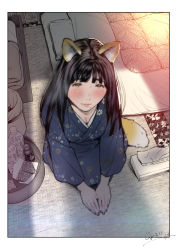 Rule 34 | 1girl, animal ears, blunt bangs, blush, breasts, cleavage, closed mouth, fox ears, fox girl, fox tail, from above, futon, highres, indoors, japanese clothes, jorori, kimono, kneeling, lips, long hair, long sleeves, looking at viewer, looking up, mole, mole under mouth, nail polish, original, pink nails, pov, seiza, shadow, signature, sitting, solo, straight hair, tail, tissue box, yellow eyes