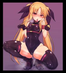 Rule 34 | absurdres, black footwear, black gloves, black leotard, black ribbon, black thighhighs, blonde hair, boots, cameltoe, covered erect nipples, covered navel, excessive pussy juice, fate testarossa, gloves, hair ribbon, heart, heart-shaped pupils, high heel boots, high heels, highres, leotard, long hair, lyrical nanoha, mahou shoujo lyrical nanoha, patenusu, pussy juice, pussy juice drip through clothes, pussy juice puddle, red eyes, ribbon, solo, spread legs, squatting, symbol-shaped pupils, thighhighs, twintails, very long hair