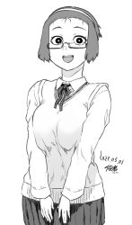 Rule 34 | 1girl, :d, dated, glasses, greyscale, hairband, long sleeves, looking at viewer, monochrome, open mouth, school uniform, short hair, skirt, smile, solo, tsukudani (coke-buta)