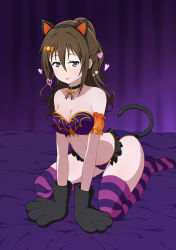 Rule 34 | 1girl, :p, absurdres, animal ears, animal print, aqua eyes, arm garter, artist name, artist request, bare shoulders, bat necklace, bat print, bikini, black choker, black legwear, blue eyes, blush, breasts, brown hair, candy hair ornament, cat ears, cat tail, choker, cleavage, collarbone, curly hair, female focus, food-themed hair ornament, full body, hair between eyes, hair ornament, half-closed eyes, half updo, halloween, heart, high ponytail, highres, indoors, jewelry, long hair, looking at viewer, love live!, love live! nijigasaki high school idol club, medium breasts, necklace, no shoes, on bed, osaka shizuku, parted lips, paw pose, ponytail, purple bikini, purple curtains, purple socks, smile, socks, solo, striped clothes, striped socks, swimsuit, tail, tongue, tongue out