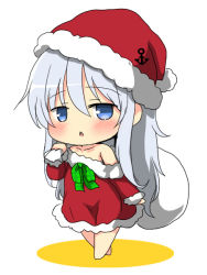 Rule 34 | 1girl, anchor symbol, barefoot, blue eyes, blush, chibi, colored shadow, commentary request, dress, full body, fur-trimmed dress, fur-trimmed headwear, fur-trimmed sleeves, fur trim, hair between eyes, hat, hibiki (kancolle), holding, holding sack, kantai collection, long sleeves, off shoulder, oshiruko (uminekotei), parted lips, red dress, red hat, sack, santa costume, santa hat, shadow, silver hair, solo, walking, white background