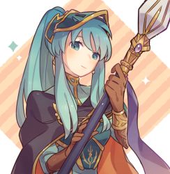 Rule 34 | 1girl, alternate hairstyle, aqua eyes, aqua hair, armor, breastplate, cape, closed mouth, cosplay, earrings, eirika (fire emblem), ephraim (fire emblem), ephraim (fire emblem) (cosplay), fire emblem, fire emblem: the sacred stones, fire emblem heroes, gloves, haconeri, hair ornament, helm, helmet, holding, holding weapon, jewelry, lance, long hair, looking at viewer, nintendo, official alternate costume, polearm, ponytail, sidelocks, smile, solo, upper body, weapon