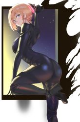 Rule 34 | 1girl, aki rosenthal, ass, black bodysuit, black footwear, blonde hair, blue eyes, bodysuit, braid, breasts, closed mouth, commentary request, commission, highres, hololive, looking at viewer, medium breasts, short hair, single braid, skin tight, smile, solo, twin (tt lsh), virtual youtuber