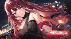 Rule 34 | 1girl, arm ribbon, black dress, black gloves, blush, breasts, commission, detexted, dress, dutch angle, earrings, gift, girls&#039; frontline, gloves, half gloves, highres, jewelry, large breasts, long hair, night, official alternate costume, open mouth, outdoors, purple hair, red eyes, ribbon, sidelocks, skeb commission, sky, solo, star (sky), starry sky, third-party edit, umibouzu (niito), upper body, wa2000 (ballroom interlude) (girls&#039; frontline), wa2000 (girls&#039; frontline)