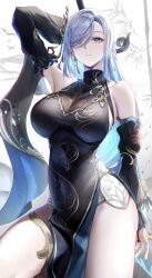 Rule 34 | 1girl, armpits, bamboo, black dress, black sleeves, blue eyes, breasts, chromatic aberration, cleavage, cowboy shot, detached sleeves, dress, earrings, genshin impact, grey background, highres, holding, holding polearm, holding weapon, jewelry, large breasts, long sleeves, looking at viewer, official alternate costume, official alternate hairstyle, otabaaa, parted lips, pelvic curtain, polearm, see-through, see-through cleavage, shenhe (frostflower dew) (genshin impact), shenhe (genshin impact), sleeveless, sleeveless dress, solo, thighs, weapon, white hair