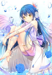 Rule 34 | 10s, 1girl, angel wings, ankle lace-up, barefoot, blue hair, bubble, butterfly hair ornament, cross-laced footwear, flower, hair ornament, headphones, headset, highres, long hair, long legs, love live!, love live! school idol festival, love live! school idol project, petals, rose, smile, solo, sonoda umi, tailam, underwater, wings, yellow eyes