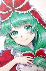 Rule 34 | 1girl, bow, breasts, closed mouth, commentary request, dress, eyelashes, front ponytail, green eyes, green hair, hair bow, hair ribbon, hand on own chest, happy, kageharu, kagiyama hina, looking at viewer, medium breasts, medium hair, photo (medium), puffy short sleeves, puffy sleeves, red dress, ribbon, short sleeves, simple background, smile, touhou, traditional media, white background