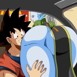 Rule 34 | 1boy, 1girl, absurdres, ass, breasts, cleavage, dicasty, dragon ball, dragon ball super, gluteal fold, highres, huge breasts, large breasts, smile, son goku, vados (dragon ball)