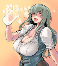 Rule 34 | 00s, 1girl, bespectacled, blush, breasts, cleavage, collarbone, dirndl, drunk, german clothes, glass, glasses, gradient background, green hair, grey hair, holding, large breasts, long hair, oktoberfest, open mouth, red eyes, rozen maiden, shiny skin, solo, suigintou, tongue, traditional clothes, translation request, tsuda nanafushi, underbust