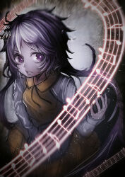 Rule 34 | 1girl, breasts, bright pupils, brown dress, collared dress, commentary request, cowboy shot, denpa rasaito, dress, expressionless, grey background, highres, long hair, long sleeves, looking at viewer, medium bangs, musical note, one-hour drawing challenge, parted lips, purple eyes, purple hair, shirt, sleeveless, sleeveless dress, small breasts, solo, staff (music), touhou, tsukumo benben, white pupils, white shirt