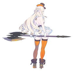 Rule 34 | 1girl, axe, back, bare shoulders, blonde hair, blue eyes, boots, braid, breasts, brown footwear, closed mouth, commentary request, dress, enkyo yuuichirou, from behind, full body, gloves, hat, high heel boots, high heels, highres, holding, holding axe, holding weapon, long hair, looking at viewer, looking back, orange hat, orange thighhighs, original, pale color, pointy ears, simple background, single braid, skirt, sleeveless, sleeveless dress, small breasts, solo, standing, thighhighs, weapon, white background, white dress, white gloves