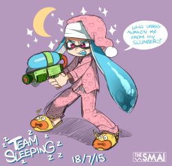 Rule 34 | 1girl, alternate costume, angry, animal slippers, artist name, bad id, bad tumblr id, blue hair, crescent moon, english text, fangs, hat, inkling, inkling girl, inkling player character, long hair, moon, nintendo, open mouth, pajamas, pants, pink pants, print pajamas, red eyes, sami (artist), sami briggs, simple background, slippers, solo, sparkle, splatoon (series), splatoon 1, splattershot (splatoon), super soaker, tentacle hair, zapfish