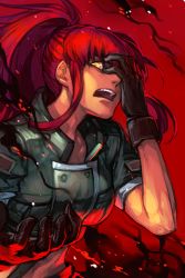 Rule 34 | 1girl, black background, black gloves, cropped jacket, gloves, green jacket, hand over eye, hungry clicker, jacket, leona heidern, long hair, looking at viewer, open mouth, ponytail, red hair, short sleeves, snk, solo, the king of fighters, upper body, yellow background
