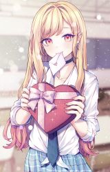 Rule 34 | 1girl, anny (yoai), artist name, blonde hair, blue necktie, blue skirt, blurry, blurry background, blush, bow, box, choker, classroom, collared shirt, commentary, cowboy shot, day, ear piercing, earrings, english commentary, gift, gradient hair, heart, heart-shaped box, highres, holding, holding gift, incoming gift, indoors, jewelry, kitagawa marin, letter, light particles, long hair, looking at viewer, love letter, mouth hold, multicolored hair, necktie, piercing, pink bow, pink hair, plaid, plaid skirt, pleated skirt, red eyes, school uniform, shirt, skirt, smile, solo, sono bisque doll wa koi wo suru, sparkle, streaked hair, swept bangs, tied shirt, valentine, white shirt