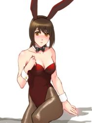 Rule 34 | 1girl, animal ears, bare shoulders, blush, bow, bowtie, breasts, brown eyes, brown hair, cleavage, fake animal ears, female focus, long hair, pantyhose, playboy bunny, rabbit ears, sankyou, shy, sitting, solo, white background, wrist cuffs