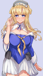 1girl absurdres blonde_hair blue_eyes blue_shirt breasts cleavage cowboy_shot double_bun fletcher_(kancolle) fletcher_mk_ii_(kancolle) hair_bun hair_ornament hairband highres kantai_collection large_breasts blue_background long_hair looking_at_viewer miyako_(rgrayt) neckerchief off_shoulder pleated_skirt sailor_collar school_uniform serafuku shirt skirt smile solo star_(symbol) star_hair_ornament white_sailor_collar white_skirt yellow_neckerchief