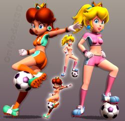 Rule 34 | 2girls, 3d, ass, ball, blonde hair, blue eyes, breasts, brown hair, cleats, freckles, gloves, gradient background, highres, looking at viewer, looking down, mario (series), medium breasts, midriff, multiple girls, nintendo, nude, onmodel3d, ponytail, princess daisy, princess peach, red hair, short hair, shorts, small breasts, soccer ball, soccer uniform, sportswear, super mario strikers, tight clothes, tomboy