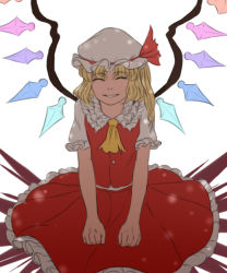 Rule 34 | 1girl, ^ ^, ascot, blonde hair, clenched hands, closed eyes, flandre scarlet, frilled skirt, frills, hat, mefomefo, mob cap, short hair, side ponytail, skirt, smile, touhou, wings