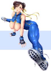 Rule 34 | 1girl, ass, bare shoulders, black gloves, blue unitard, blurry, blurry foreground, blush, bodysuit, bow, bracelet, breasts, breasts out, brown eyes, brown hair, capcom, chun-li, commentary, double bun, fingerless gloves, full body, gloves, hair bow, hair bun, hanging breasts, highres, inverted nipples, jewelry, kurone rinka, large breasts, lips, looking at viewer, nipples, no bra, parted bangs, parted lips, puffy nipples, revision, shiny clothes, shiny skin, shoes, short hair, simple background, skin tight, sleeveless, sleeveless bodysuit, sneakers, solo, split, spread legs, street fighter, street fighter zero (series), unitard, white background