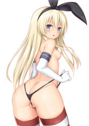 Rule 34 | 1girl, ass, black hairband, black panties, black ribbon, blonde hair, blue eyes, blush, breasts, chestnut mouth, cleft of venus, commentary request, elbow gloves, frontal wedgie, gloves, hair between eyes, hair ribbon, hairband, kantai collection, lifted by self, long hair, looking at viewer, looking back, medium breasts, nipples, panties, panty lift, parted lips, partially visible vulva, ribbon, shimakaze (kancolle), simple background, solo, striped clothes, striped thighhighs, thighhighs, topless, toshishikisai, uncensored, underwear, underwear only, very long hair, wedgie, white background, white gloves