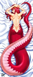 Rule 34 | 10s, 1girl, arms behind head, ass, backboob, bare arms, breast press, breasts, dakimakura (medium), full body, hair ornament, hairclip, highres, jadenkaiba, lamia, large breasts, looking at viewer, looking back, lying, miia (monster musume), monster girl, monster musume no iru nichijou, nude, on stomach, pointy ears, red hair, scales, smile, solo, tail, toned, yellow eyes