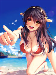 Rule 34 | 10s, 1girl, :d, all fours, alternate costume, arm support, bare arms, bare legs, bare shoulders, barefoot, bikini, black hair, blue sky, blurry, blush, boat, breasts, brown eyes, building, cleavage, cloud, collarbone, day, depth of field, eyebrows, foreshortening, front-tie bikini top, front-tie top, hair between eyes, hairband, hanging breasts, haruna (kancolle), head tilt, headgear, horizon, kantai collection, large breasts, lens flare, lighthouse, liu guniang, long hair, looking at viewer, ocean, open mouth, outdoors, partially submerged, pointing, pointing forward, red bikini, ribbon, round teeth, side-tie bikini bottom, sky, smile, soaking feet, solo, summer, sunlight, swimsuit, teeth, water, watercraft, wet, wet hair, white ribbon