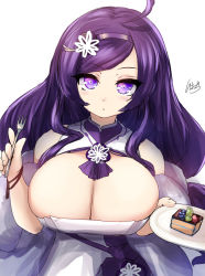 Rule 34 | 1girl, ahoge, anchor symbol, animal, ascot, azur lane, breasts, cake, cake slice, cleavage cutout, clothed animal, clothing cutout, dragon empery (emblem), dress, flower, food, fork, hairband, holding, holding plate, huge breasts, ibara azuki, large breasts, layer cake, long hair, looking at viewer, ning hai (azur lane), ning hai (gorgeous violet) (azur lane), official alternate costume, plate, purple ascot, purple eyes, purple flower, purple hair, purple hairband, purple rose, rose, shawl, signature, simple background, sleeveless, sleeveless dress, solo, swept bangs, white background, white dress