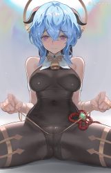 Rule 34 | 1girl, bare shoulders, bell, blue hair, blurry, blurry background, bodystocking, bodysuit, bodysuit under clothes, bow, breasts, breasts apart, brown bodysuit, brown leotard, brown pantyhose, cameltoe, chinese knot, covered erect nipples, covered navel, cowbell, crossed bangs, detached collar, ganyu (genshin impact), genshin impact, goat horns, ha-mong, hair between eyes, hair bow, halo, highres, holding, holding string, horns, leotard, long hair, medium breasts, neck bell, paid reward available, pantyhose, raised eyebrows, shiny clothes, sitting, skin tight, solo, spread legs, string, thighs, twitter username, vision (genshin impact)