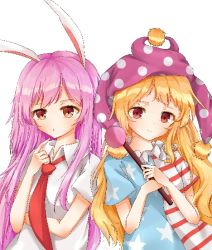 Rule 34 | 2girls, american flag print, american flag shirt, blonde hair, blouse, blue shirt, clownpiece, hair between eyes, long hair, multicolored shirt, multiple girls, pink hair, print shirt, red shirt, reisen udongein inaba, shirt, simple background, striped clothes, striped shirt, touhou, upper body, white background, white shirt, zhi xixi