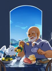Rule 34 | 1boy, ;d, bald, beard, bird, chair, collared shirt, commentary, creatures (company), cup, facial hair, food, fried egg, fruit, game freak, gen 3 pokemon, grey shirt, highres, holding, holding spoon, lemon, linllen, male focus, mouth hold, mr. briney, nintendo, one eye closed, open mouth, plate, pokemon, pokemon (creature), pokemon rse, shirt, short sleeves, sitting, smile, spoon, steam, table, teacup, teeth, wingull