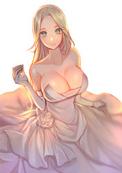 Rule 34 | 1girl, absurdres, bad id, bad pixiv id, bare shoulders, blonde hair, blush, breasts, cleavage, closed mouth, clothes lift, collarbone, dress, dress lift, dungeon and fighter, elbow gloves, expressionless, female focus, formal, from above, gloves, grey eyes, hand up, highres, huge breasts, long dress, long hair, looking at viewer, looking up, neck, papupu, simple background, solo, strapless, strapless dress, wedding dress, white background, white dress, white gloves