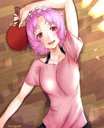 Rule 34 | 1girl, :d, aona (anagasaki), arm up, collarbone, from above, headdress, holding, holding paddle, looking at viewer, lying, on back, oomune mune, open mouth, paddle, pink hair, pink shirt, red eyes, shakunetsu no takkyuu musume, shirt, short hair, short sleeves, smile, solo, sweat, table tennis paddle, twitter username, upper body