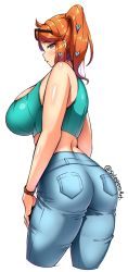 Rule 34 | 1girl, absurdres, artist name, ass, bare shoulders, blush, breasts, creatures (company), denim, game freak, glasses on head, green eyes, highres, huge ass, jeans, large breasts, long hair, looking at viewer, nintendo, orange hair, pants, pokemon, pokemon swsh, ponytail, sleeveless, sole gem, solo, sonia (pokemon), tank top, watch, white background, wristwatch