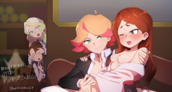 Rule 34 | 4girls, ahoge, amanda o&#039;neill, arikindows10, auburn hair, blonde hair, blue eyes, blush, brown hair, commission, couch, covering own eyes, diana cavendish, formal, green eyes, hannah england, highres, implied fingering, japanese text, kagari atsuko, little witch academia, long hair, multicolored hair, multiple girls, one eye closed, partially undressed, red hair, short ponytail, skeb commission, suit, surprised, twitter username, two-tone hair, watching, yuri