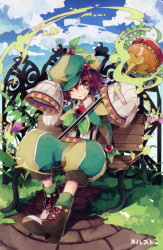 Rule 34 | 10s, 1girl, bench, brown hair, copyright name, day, flower, hat, highres, holding, leaf, lionel (merc storia), long sleeves, merc storia, one eye closed, saku qq, shoes, sitting, sky, smile, solo, staff, wide sleeves, wink, yellow eyes