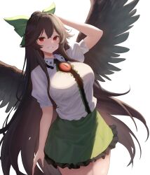 Rule 34 | 1girl, absurdres, arm up, bird wings, bloom, bow, breasts, brown hair, chest jewel, commentary, cowboy shot, feathered wings, frilled shirt collar, frills, green bow, green skirt, grin, hair bow, highres, large breasts, light blush, long hair, looking at viewer, moriforest1040, red eyes, reiuji utsuho, shirt, sidelighting, simple background, skirt, smile, solo, touhou, very long hair, white background, white shirt, wings