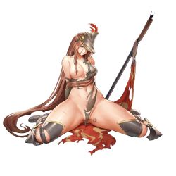 Rule 34 | 1girl, areola slip, armor, armored boots, bare shoulders, battle damage, bayonet, blush, boots, breasts, broken, broken weapon, brown eyes, brown hair, closed mouth, collarbone, damaged, defeat, feathers, flag, full body, game cg, gloves, greaves, hair censor, hat, highres, injury, kakiman, khan the swift, last origin, long hair, metal, navel, nipples, no bra, official art, on floor, partially visible vulva, sitting, solo, spread legs, tachi-e, tattoo, thighs, torn clothes, transparent background, very long hair, weapon, wide hips