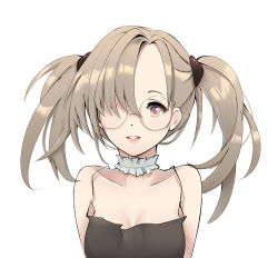 Rule 34 | 1girl, arms at sides, asymmetrical hair, bad id, bad pixiv id, bare arms, bare shoulders, breasts, camisole, cleavage, collar, collarbone, commentary, cuna (qunya), dot nose, forehead, frilled collar, frills, girls&#039; frontline, glasses, grey camisole, grey hair, grin, hair intakes, hair over one eye, highres, hk21 (girls&#039; frontline), lips, long hair, looking at viewer, open mouth, parted bangs, parted lips, pink eyes, raised eyebrows, round eyewear, shirt, simple background, sleeveless, sleeveless shirt, small breasts, smile, solo, spaghetti strap, strap gap, teeth, twintails, upper body, white background