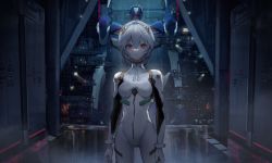 Rule 34 | 1girl, absurdres, ayanami rei, blue hair, bodysuit, breasts, closed mouth, commentary, covered collarbone, cowboy shot, es-ther, eva 00, expressionless, hair between eyes, highres, huge filesize, interface headset, looking at viewer, medium breasts, neon genesis evangelion, plugsuit, red eyes, science fiction, short hair, skin tight, solo, white bodysuit