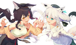 Rule 34 | 2girls, ahoge, animal ear fluff, animal ears, beret, black hair, black headwear, black skirt, blush, braid, cardigan, claw pose, commentary, earrings, extra ears, fang, flower, fox ears, fox girl, fox shadow puppet, fox tail, green eyes, green skirt, hair between eyes, hair flower, hair ornament, hairclip, hat, highres, hololive, jewelry, long hair, looking at viewer, multicolored hair, multiple girls, necklace, ookami mio, ookami mio (street), open cardigan, open clothes, open mouth, piisu, red hair, shirakami fubuki, shirakami fubuki (street), shirt, sidelocks, simple background, single braid, skirt, streaked hair, tail, virtual youtuber, white background, white hair, white shirt, wolf ears, wolf girl, yellow eyes