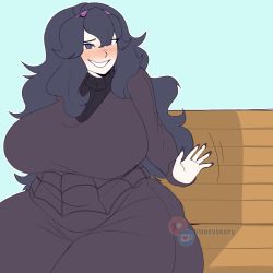 Rule 34 | 1girl, black hair, blush, bluueygooey, breasts, creatures (company), curvy, game freak, hex maniac (pokemon), highres, huge breasts, long hair, looking at viewer, nintendo, plump, pokemon, pokemon xy, purple eyes, sitting, smile, solo, thick thighs, thighs, wide hips