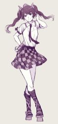 Rule 34 | 1girl, bow, checkered clothes, checkered skirt, closed mouth, crossed legs, full body, geta, grey background, hair bow, hand on own hip, hand up, hat, himekaidou hatate, kaede (mmkeyy), kneehighs, long hair, looking at viewer, monochrome, necktie, short sleeves, simple background, skirt, smile, socks, solo, standing, tengu-geta, tokin hat, touhou, twintails