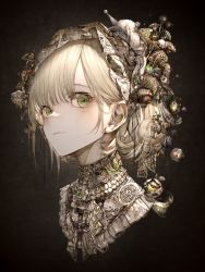 Rule 34 | 1girl, black background, blonde hair, blunt bangs, bonnet, closed mouth, cropped shoulders, curly hair, dark background, expressionless, frills, glint, gradient background, green eyes, grey background, hair behind ear, hair ornament, highres, hito komoru, light blush, looking at viewer, original, portrait, simple background, snail, snail on head, solo