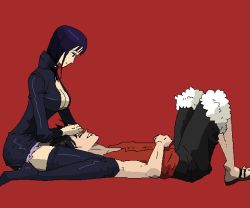 Rule 34 | 1boy, 1girl, black hair, boots, breasts, cleavage, dress, high heel boots, high heels, lap pillow, lying, monkey d. luffy, nico robin, on back, one piece, polka dot, polka dot dress, red background, sandals, shorts, simple background, vest, wachatora (araream)