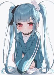 Rule 34 | 1girl, bad id, bad twitter id, black bow, black collar, blue hair, blue jacket, blunt bangs, blush, bow, collar, commentary, ear piercing, earrings, full body, grey background, hair bow, hair ornament, hairclip, highres, jacket, jewelry, long hair, long sleeves, looking at viewer, original, parted lips, piercing, puffy long sleeves, puffy sleeves, rabbit hair ornament, red eyes, shirt, shoes, simple background, sleeves past wrists, solo, squatting, symbol-only commentary, track jacket, tsukiman, twintails, very long hair, white footwear, white shirt