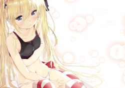 Rule 34 | absurdres, andrea doria (warship girls r), belly, blonde hair, blue eyes, blush, breasts, collarbone, commentary request, groin, hair ornament, highres, long hair, looking at viewer, navel, shirt, simple background, sitting, small breasts, striped clothes, striped legwear, striped thighhighs, suwakana, thighhighs, twintails, warship girls r, white background