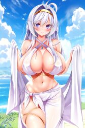 Rule 34 | 1girl, absurdres, ahoge, beach, bikini, blue sky, blush, breasts, cleavage, closed mouth, cloud, collarbone, commentary request, criss-cross halter, dated, gem, hair between eyes, hair intakes, hairband, halterneck, highres, jotti, large breasts, looking at viewer, mountainous horizon, navel, ocean, open mouth, original, purple eyes, sarong, signature, skindentation, sky, standing, swimsuit, white bikini, white hair, white sarong